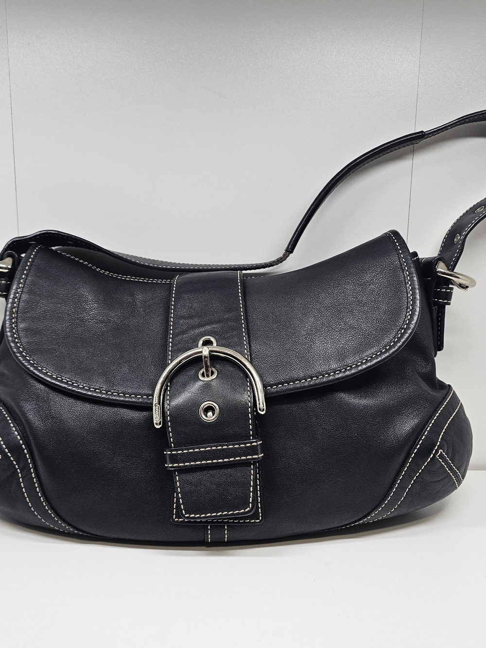 Coach Black Leather Shoulder Bag with Silver-Tone Buckle